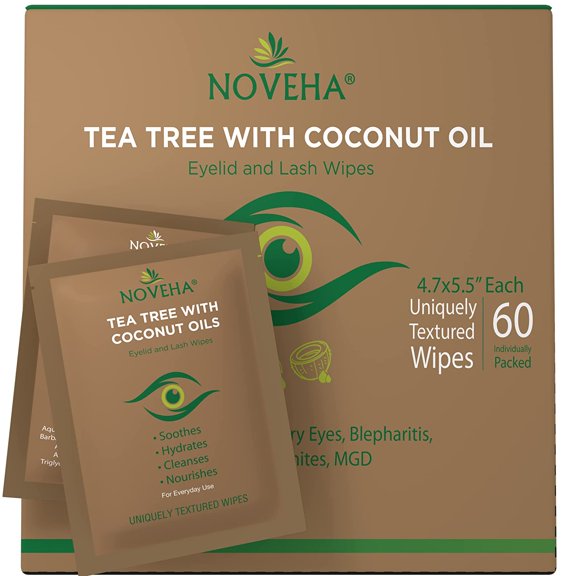 Noveha Eyelid & Lash Wipes 60ct Tea Tree Coconut Oil Eye Cleanser Makeup Remover