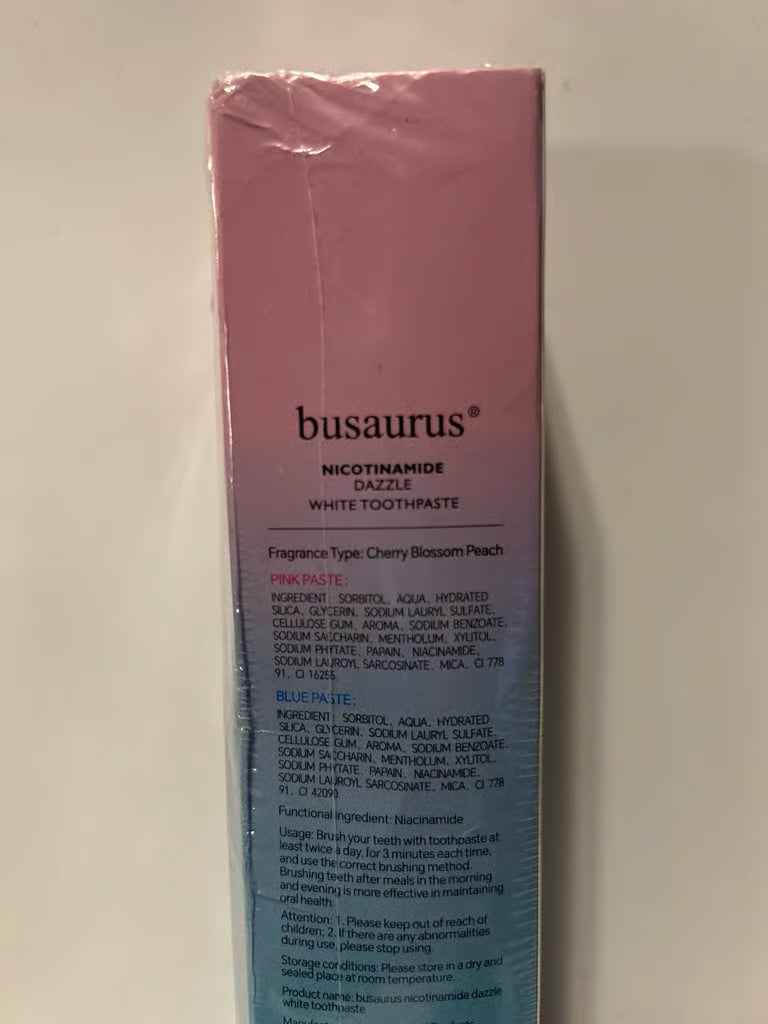 busaurus Nicotinamide Dazzle White Toothpaste Cherry Blossom Peach 3.38oz