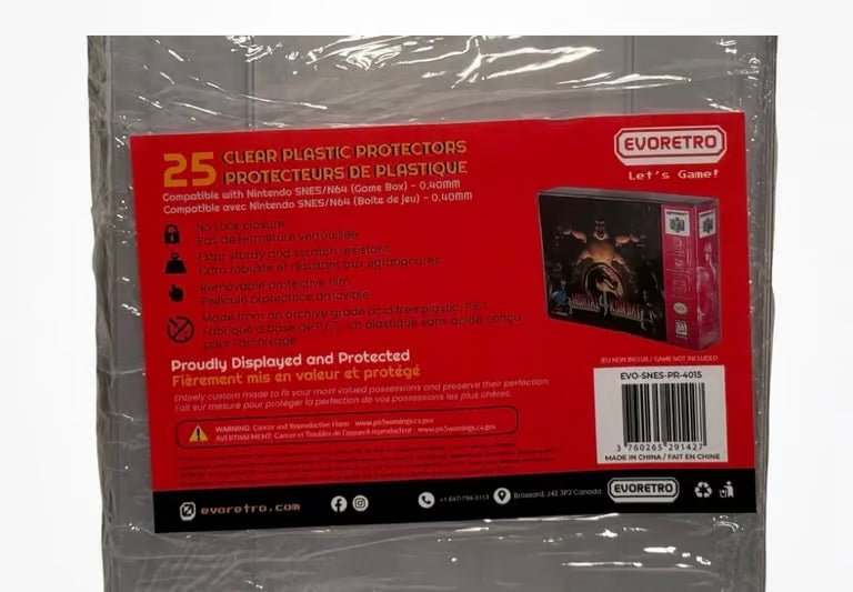 25pk Evoretro Clear Plastic Protectors for Super Nintendo SNES / N64 Game Box